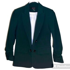 NWT 1.STATE Ruched Sleeve Stretch Crepe Blazer Nordstrom green open front chic